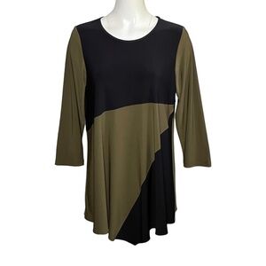 Sun Kim Black Olive Green Colorblock Slinky Knit Asymmetric Tunic Top Size Large